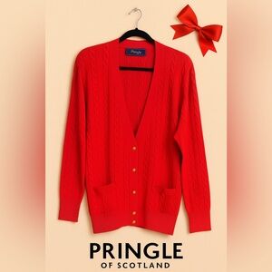 Pringle Scotland Red Lambswool Cable Knit Cardigan Sz XXL